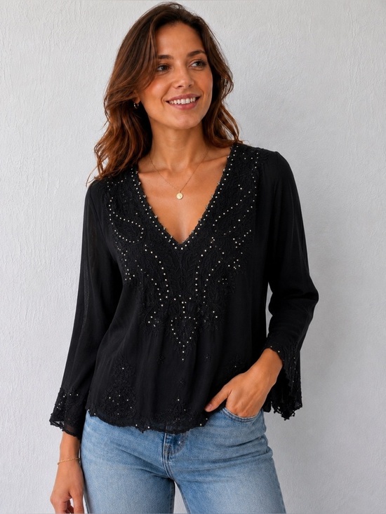Ytot Tops - Top India Black M Ytot Embroidered sequins